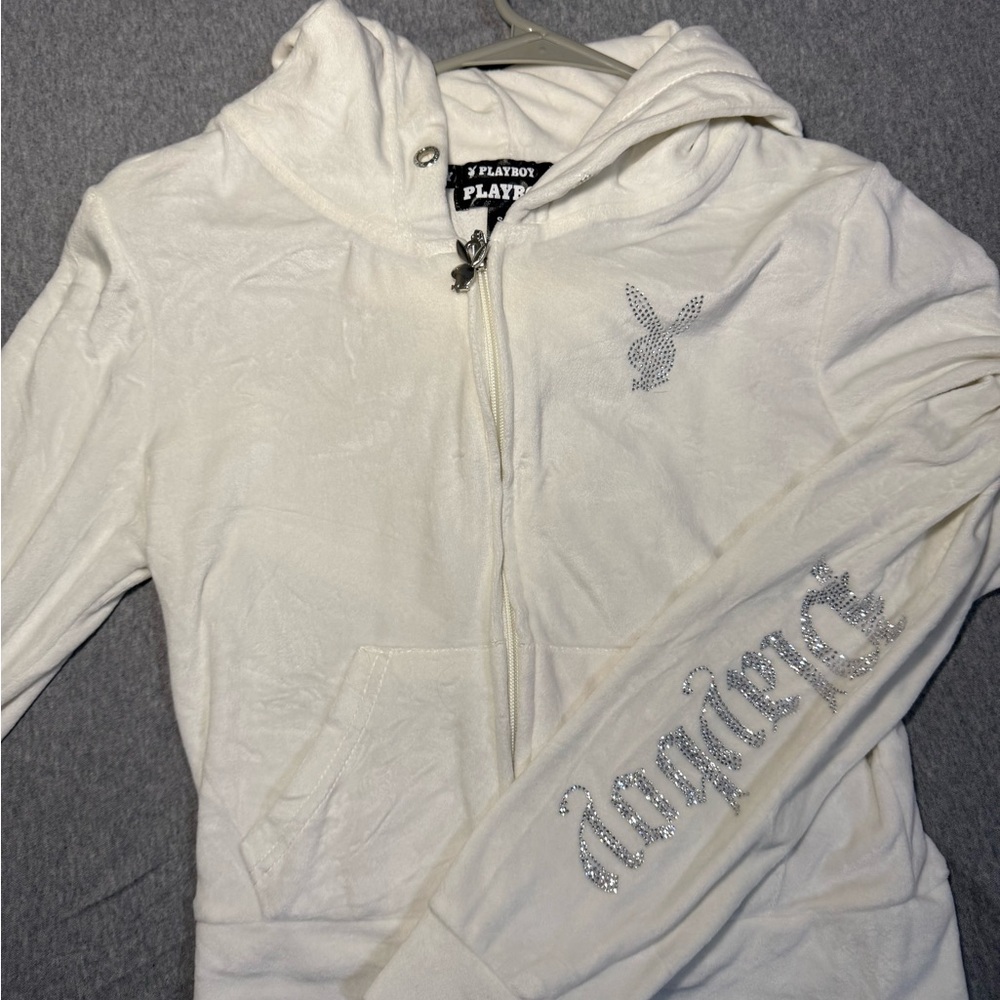 PLAYBOY White Hoodie with Silver Accents